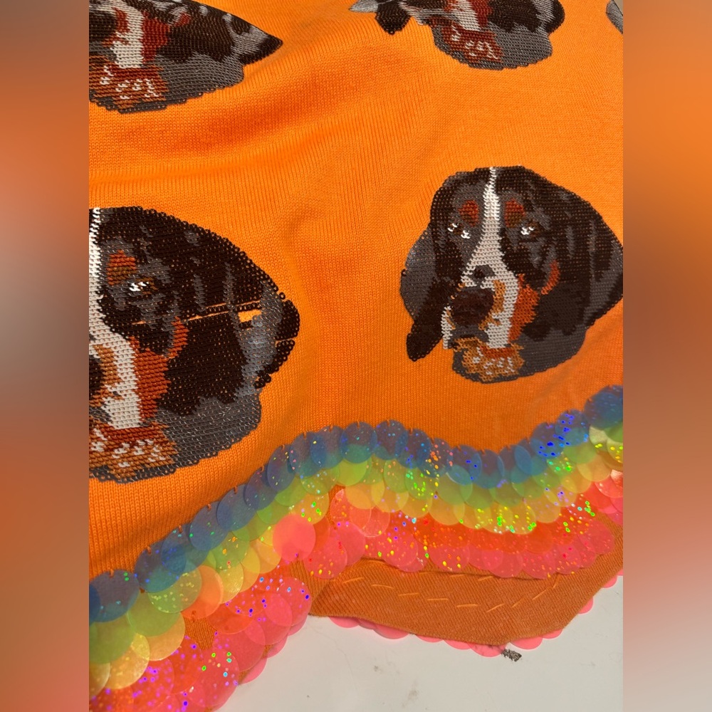 New! Rare! QUEEN OF SPARKLES Orange Smokey the Dog Pailette Sweater Dress - Picture 6 of 8